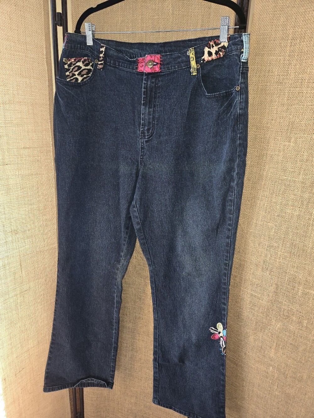 DG2 Diane Gilman Dark Blue Boot-Cut Jeans Colorful Pocket & Hem Accents 18WT